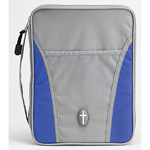 Grey and Bright Blue Cross Front Pocket Medium Nylon Bible Cover with Handle