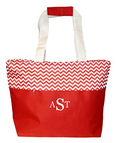 Jumbo Zipper Top Summer Beach Tote Bag - Personalization Available (Bright Red Embroidery Monogram)