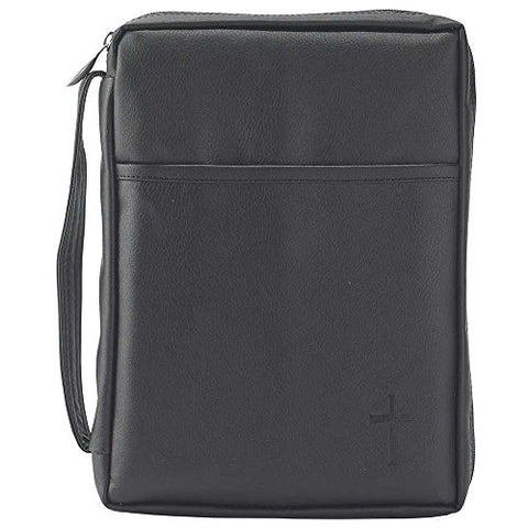 Black Outer Pocket 7.5 X 10.5 Leather Like Vinyl Bible Cover Case With Handle Large