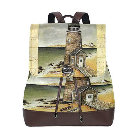 Vintage Lighthouse Painting Women's Genuine Leather Backpack Bookbag School Purse Shoulder Bag