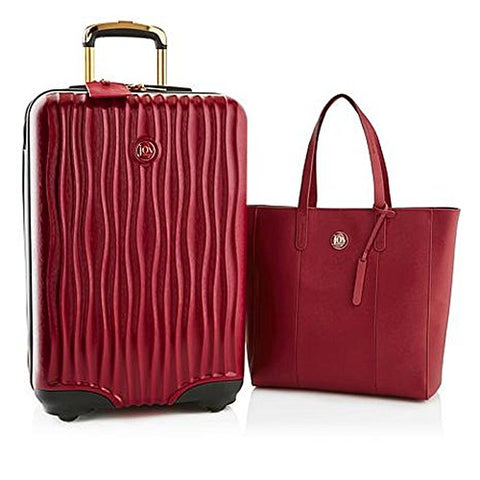 Joy Mangano Metallic Set ELite Hardside Luggage and Leather Tote, Berry Red