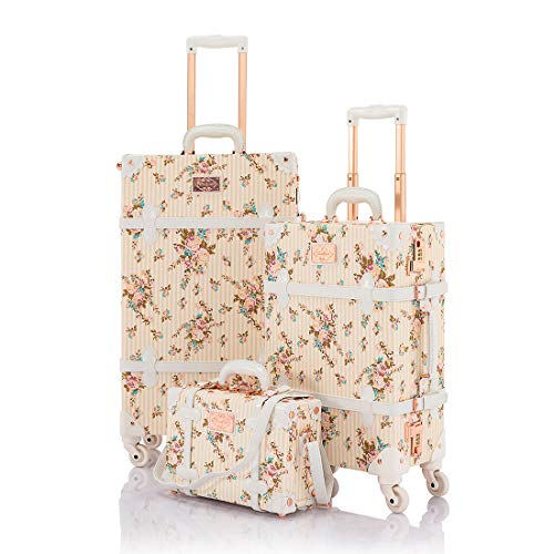 COTRUNKAGE Vintage Luggage Set 3 Piece Cute Travel Suitcase for Women with Cosmetic Case, Beige Floral