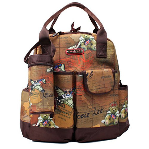 Nicole Lee Diaper Bag Backpack, Multiple Compartments Brown Changing Mat, Bottle Holder Travel Backpack