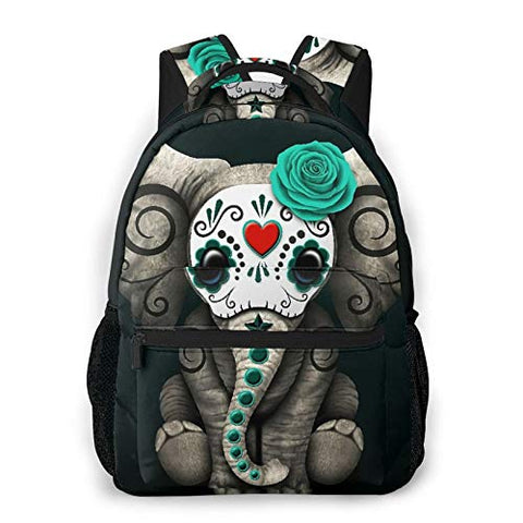 Multifunctional Casual Backpack,Teal Blue Day Of The Dead Sugar Skull Baby Elephant Design,Adult Teens College Double Shoulder Pack Travel Sports Bag Computer Notebooks