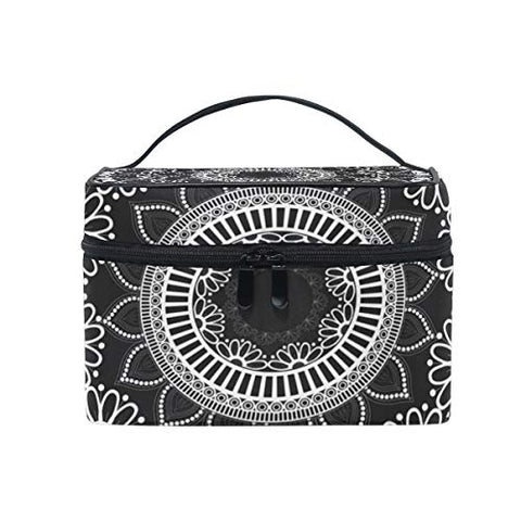 GIOVANIOR Black Ethnic Flower Mandala Large Cosmetic Bag Travel Makeup Organizer Case Holder for