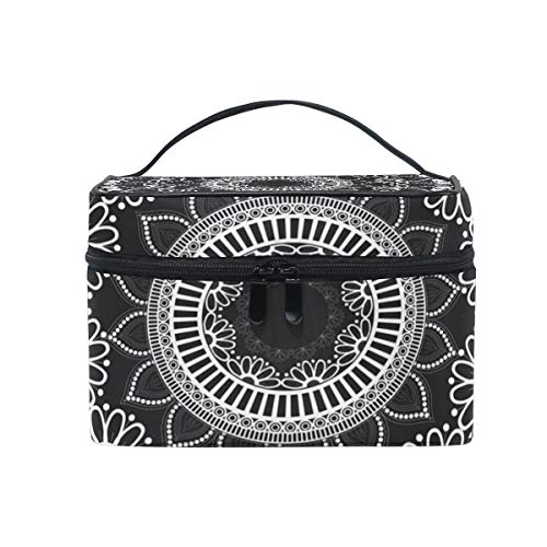 GIOVANIOR Black Ethnic Flower Mandala Large Cosmetic Bag Travel Makeup Organizer Case Holder for