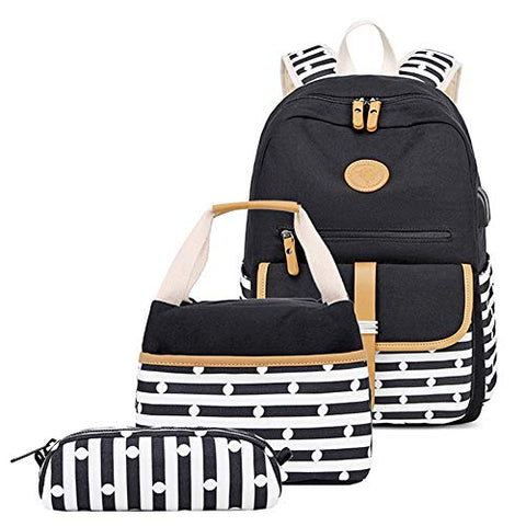 MITOWERMI Canvas Backpack Set Girls Bookbags Set 3 in 1 College Laptop Backpack Striped Prints with Lunch bag(Black)
