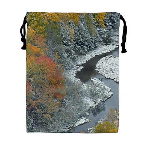 Drawstring Bags Favors for Kids Fall Season Leaf River Stream Frost Design Backpack Rucksack