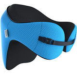 LANGRIA 6-in-1 Memory Foam Neck Support Travel Pillow with Detachable Hood Adjustable Neck Size for All Ages Side Elastic Pocket Neck Travel Cushion for Plane Train Car Bus Office (Blue)