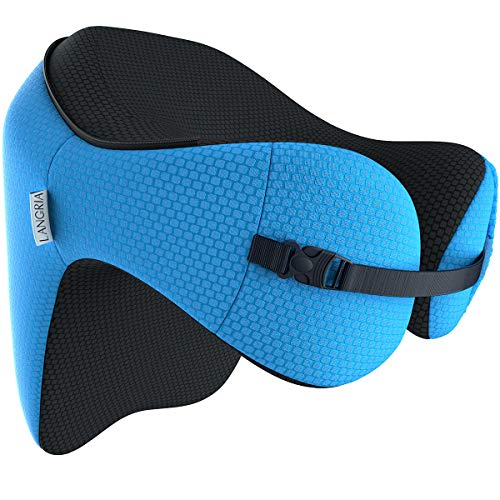 LANGRIA 6-in-1 Memory Foam Neck Support Travel Pillow with Detachable Hood Adjustable Neck Size for All Ages Side Elastic Pocket Neck Travel Cushion for Plane Train Car Bus Office (Blue)