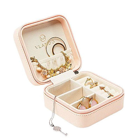 Vlando Small Faux Leather Travel Jewelry Box Organizer Display Storage Case for Rings Earrings Necklace (Pink)