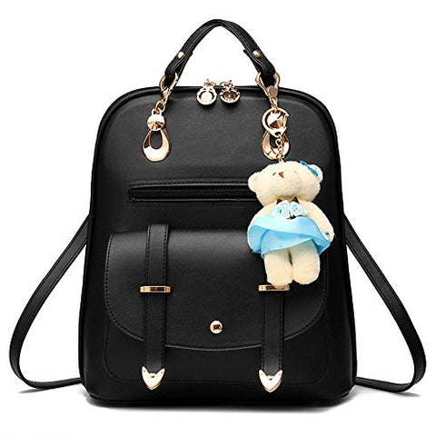 Bag Wizard Oasd Women'S Backpack Leather Multi Way Girls School Cartoon Pendant, Black
