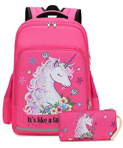 Girls Backpack Elementary Kids Fairy Bookbag Girly School bag Children Pencil Bag (Rosy - Fairy tale unicorn 2pcs)