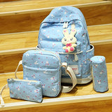 Sagton 4Pcs Cute Bunny Print Canvas Backpack Women Girls Boys School Bags+ Shoulder Bag+ Handbag+
