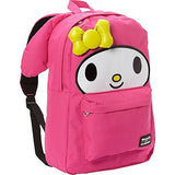 Loungefly school backpack featuring Sanrio's My Melody character. Cute extras include 3d ears and bow with embroidered details. Bag has a roomy front pocket, interior laptop pocket and a patterned lining. Exterior has a top handle, reinforced adjustable s