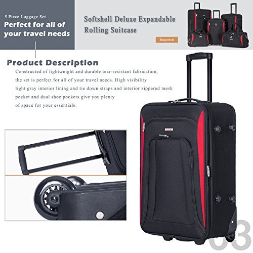 Flieks 5 Piece Luggage Set Deluxe Expandable Rolling Suitcase (black&red)