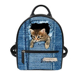 Girl’s Small Backpack Purse Cute Cat Denim Printed PU Rucasack