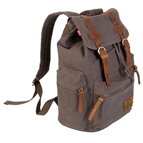 GHP Army Green Drawstring Adjustable Shoulder Strap Canvas & Leather Backpack Bag