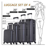 4 Piece Luggage sets with Spinner Wheels Travel Suitcase Hard-shell Lightweight 16" 20" 24" 28" (4 PCS LM Black)