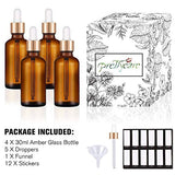 PrettyCare Eye Dropper Bottle 1 oz (4 Pack Amber Glass Bottles 30ml with Golden Caps, 1 Extra Eye Droppers, 12 Labels, Funnel & Measured Pipettes) Empty Tincture Bottles for Essential Oils