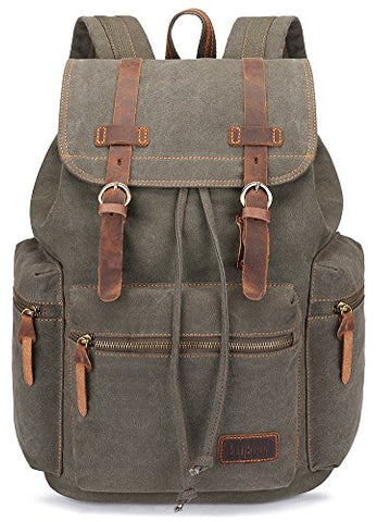 BLUBOON Canvas Vintage Backpack Leather Casual Bookbag Men Rucksack (Green)