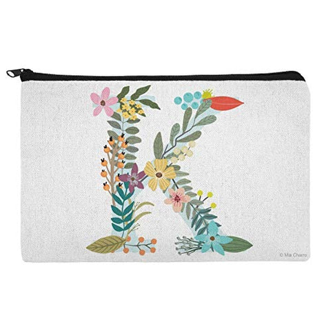 Letter K Floral Monogram Initial Makeup Cosmetic Bag Organizer Pouch