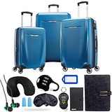 Samsonite Winfield 3 DLX 3 Piece Set (Spinner 20/25/28), Blue 120751-1112 with Deco Gear 10 Piece Luggage Accessory Ultimate Travel Bundle