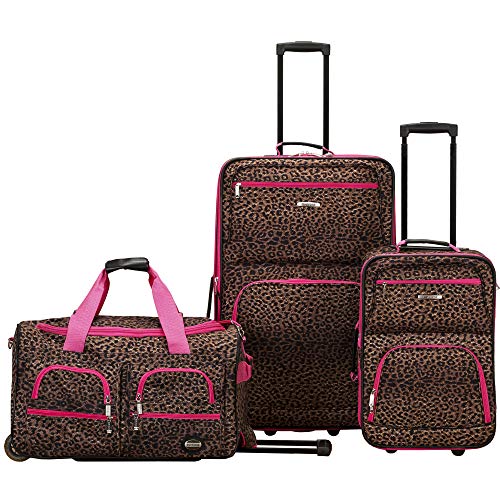 Rockland 3 Piece Luggage Set, Pink Leopard, One Size