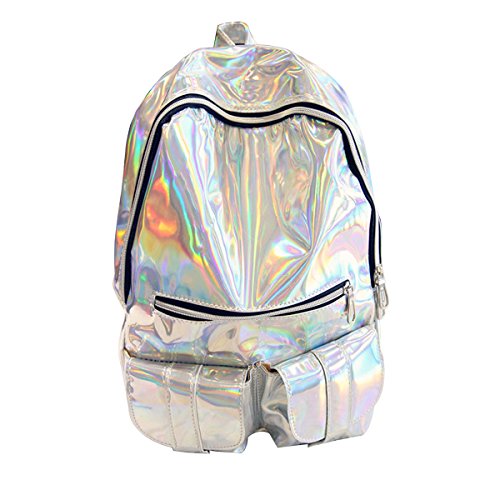 ABage Women's Hologram Backpack Casual Laser Travel School Bag College Backpack, Silver