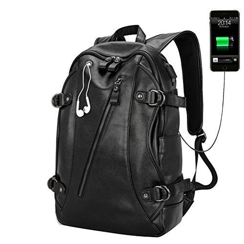 Samaz Backpack Pu Leather Bag With Usb Charging Port College Student School Backpack With