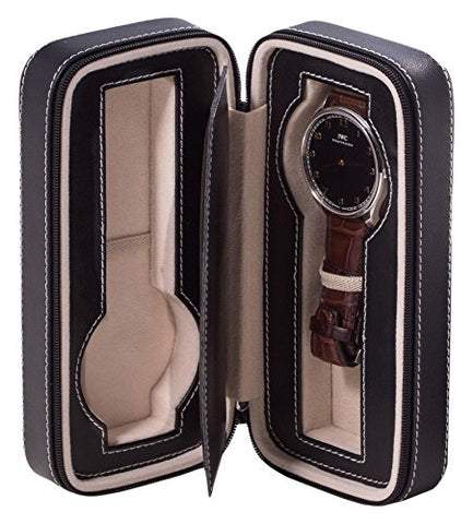 Time Factory Leather Two Watch Travel Case With Form Fit Compartments, Center Divider To Prevent