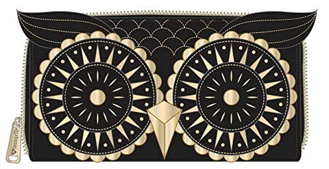 Loungefly OWL Faux Leather Zip Around Wallet in Black and Gold