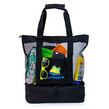 Sunbeach Mesh Beach Bag Tote with Built-in Insulated Cooler, Zipper Closure, Outside Zipper Pocket, Padded Handle Grips and Removable Padded Shoulder Strap (Black)