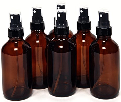 6, Amber, 4 oz Glass Bottles, with Black Fine Mist Sprayers