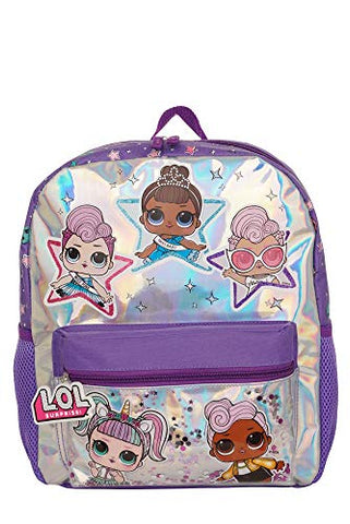 LOL Dolls Backpack for Toddlers, Iridescent Glitter Printed Girl's BookBag with Front Pocket, Padded Back and Adjustable Shoulder Straps, Kid's Daypack for School, Camping or Travel