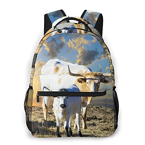 Multi leisure backpack,Female Longhorn Cow Grazing In A Texas Pastur, travel sports School bag for adult youth College Students