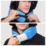 LANGRIA 6-in-1 Memory Foam Neck Support Travel Pillow with Detachable Hood Adjustable Neck Size for All Ages Side Elastic Pocket Neck Travel Cushion for Plane Train Car Bus Office (Blue)