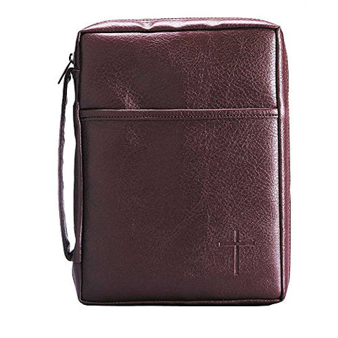 Burgundy Embossed Cross with Front Pocket Large Leather Look Bible Cover with Handle