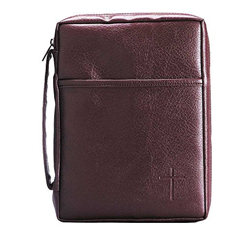 Burgundy Embossed Cross with Front Pocket Large Leather Look Bible Cover with Handle