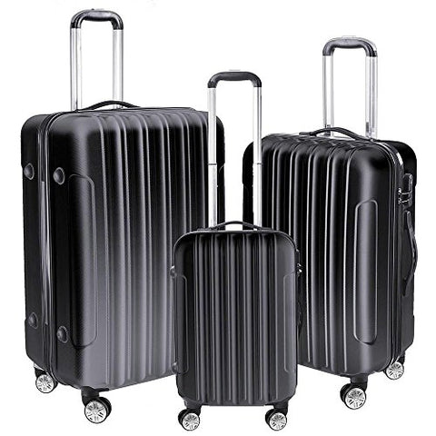 GHP Set of 3 Black ABS Hard Shell 190D Polyester Lining Trolley Case Luggage Set