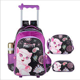 Hcc& 3D Cat Girl 3Pcs Waterproof Rolling Backpacks, Wheeled Backpacks With Pencil Case Lunch Bag