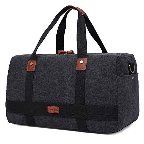 GINGOOD Canvas Travel Duffel Bag Leather Trim Weekend Bags #202 Black
