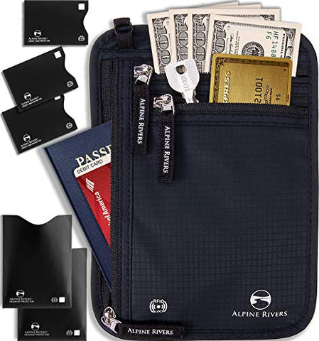 Neck Wallet Travel Pouch & Passport Holder - RFID Blocking with 5 Bonus Sleeves