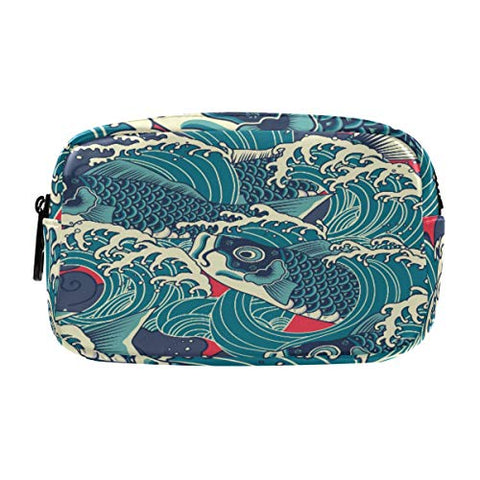 ALAZA Japanese Koi Carp Fish in the Wave Cosmetic Bag Leather Pencil Case Waterproof Portable Travel Makeup Pouch with Zipper for Women Girls Teens