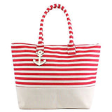 Red Large Zipper Top Stripe Canvas Look Beach Bag Tote - 22"x15"x6"