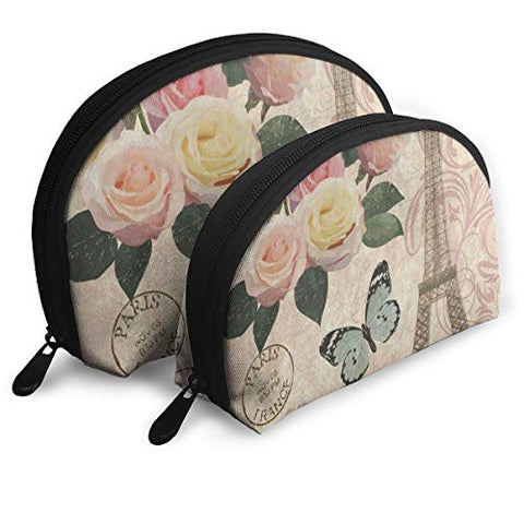 Makeup Bag Vintage Paris Eiffel Tower Floral Paris Portable Half Moon Toiletry Bags Organizer For