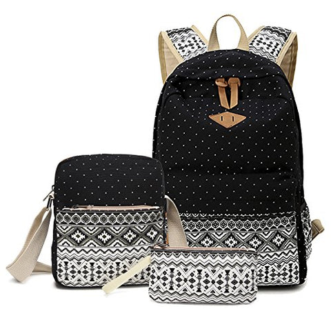 Abshoo Canvas Dot Backpack Cute Lightweight Teen Girls Backpacks School Shoulder Bags (Black)
