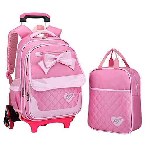 Fanci 2Pcs Bowknot Princess Style Trolley School Book Bag for Girls Boys Wheeled Backpack with 6