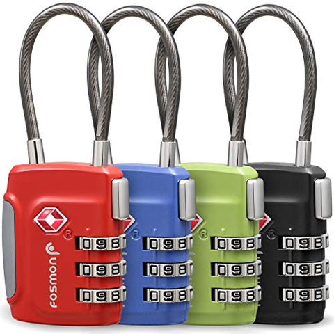 Fosmon TSA Approved Cable Luggage Locks (4 Pack) - Black, Green, Red and Blue