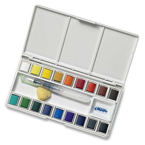Jerry Q Art 18 Assorted Water Colors Travel Pocket Set- Free Refillable Water Brush With Sponge -
